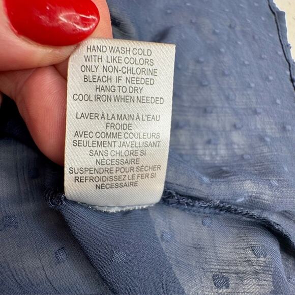 DR2 Blue Chiffon Clip Dot Sheer Button Front Blouse Sz Large - Picture 11 of 11